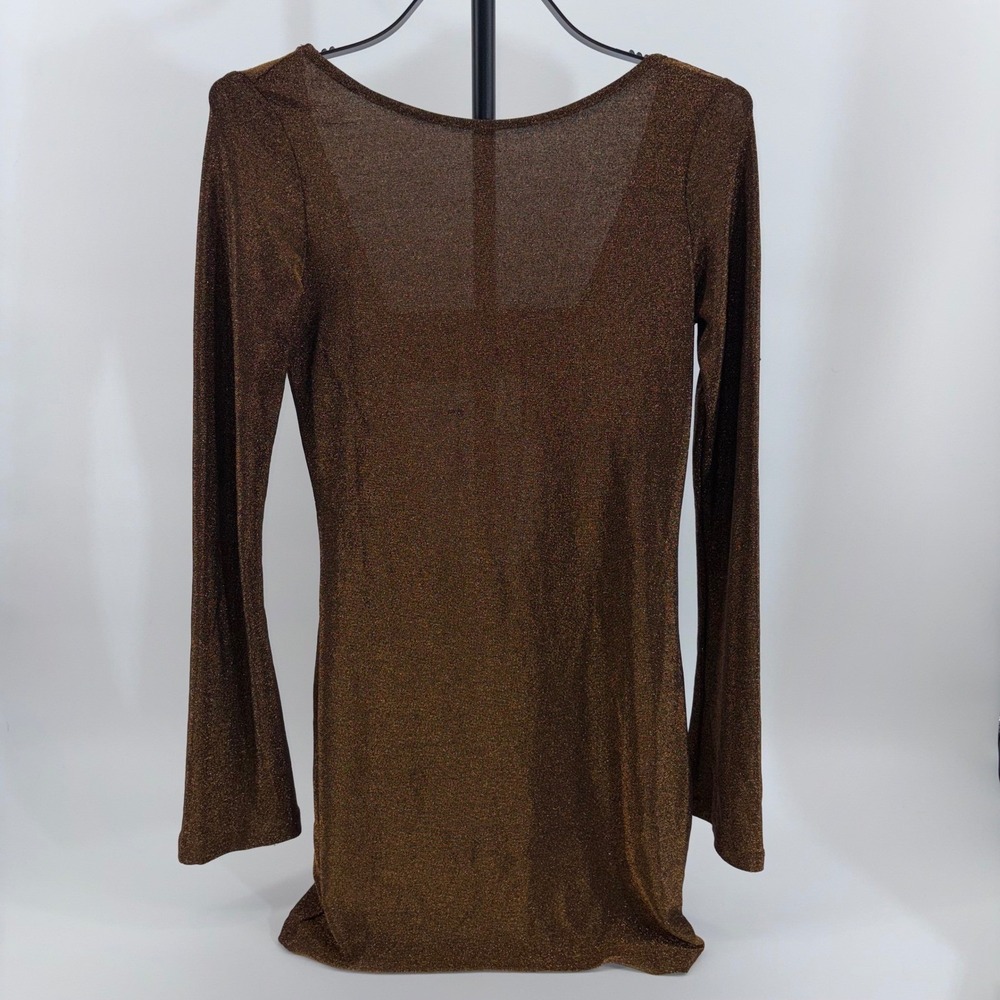 Princess Polly Olas Open Back Mini Dress Copper Metallic Lurex Long Sleeve US 8